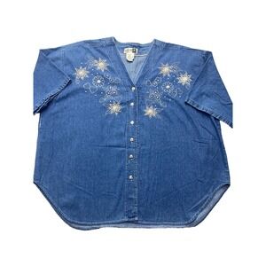 Club Z Shirt Womens 2X Extra Large Blue Denim Embroidered Pearl‎ Beads Western